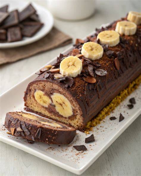 Image d'un gâteau banane chocolat rhum décoré de rondelles de banane et pépites