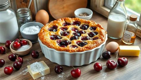 Un clafoutis aux cerises prêt à être dégusté, avec une cuillère