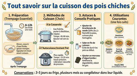 Infographie: étapes clés de la cuisson des pois chiches, lardons et jambon