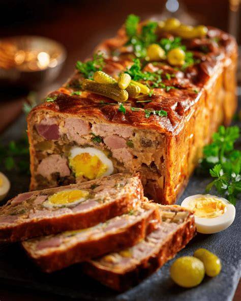 Photo du pâté berrichon doré, tranché, avec une salade printanière