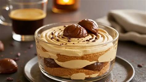 Composition d'ingrédients pour un tiramisu d'hiver : mascarpone, café, biscuits, marrons, cannelle