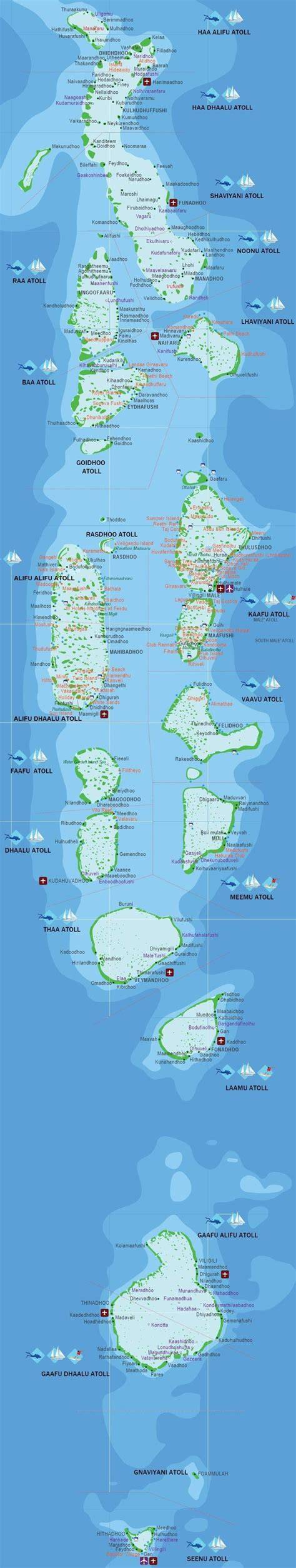 Carte des Maldives et principaux atolls (illustration générale des îles et atolls)