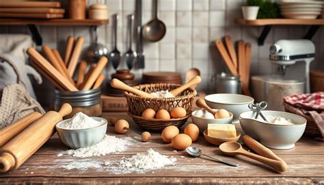 Plan de travail de cuisine avec divers ustensiles de pâtisserie