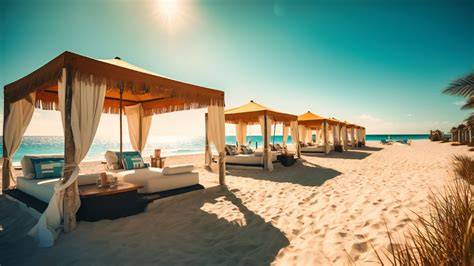 Vue générale de la plage privée et des installations de l'hôtel Amwaj Blue Beach Resort