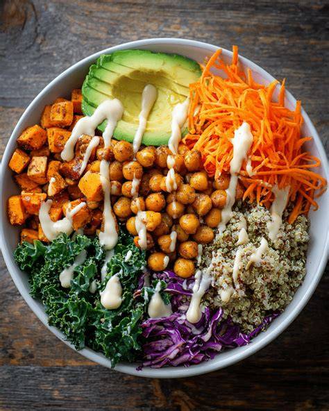 Schéma d’assemblage buddha bowl autour du kale et du tofu fumé