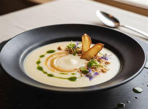Illustration d’un velouté de panais et de poireaux dans une soupe fumante