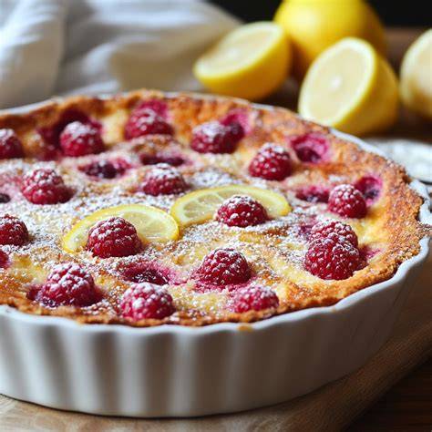 clafoutis aux framboises dans un moule en céramique