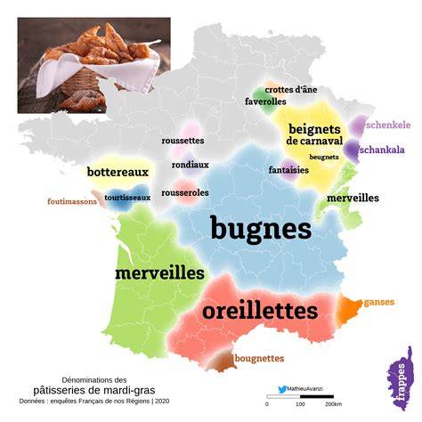 Carte illustrant les régions où les bugnes sont populaires