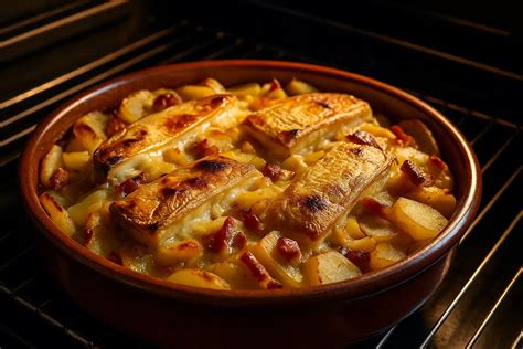 Plat de tartiflette gratinée au four