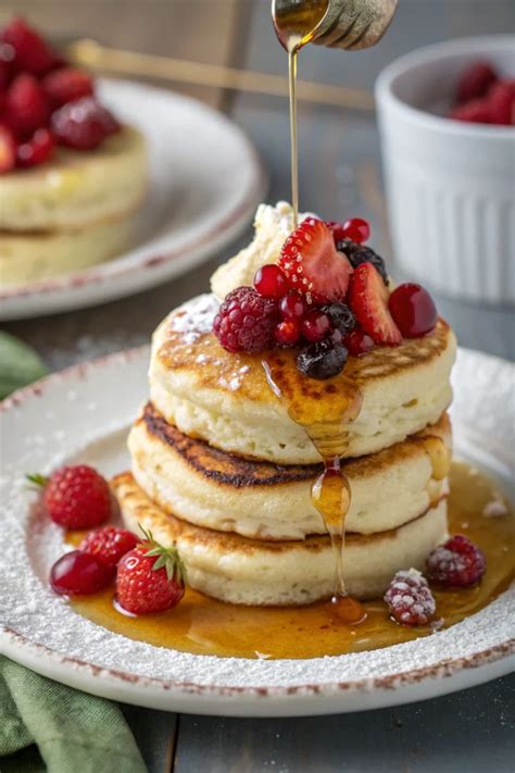 Pancakes soufflés pandan garnis de fruits