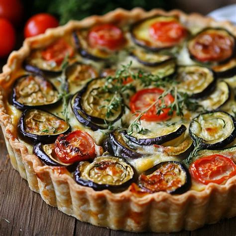 Tarte feuilletée aux aubergines, tomates, mozzarella et basilic frais