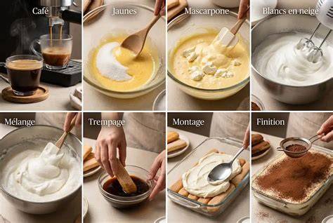 Schéma des étapes typiques de préparation d’un tiramisu: ingrédients, montage, repos, service.