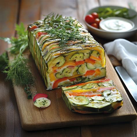 Terrine de légumes coupée en tranches épaisses, servie avec une sauce au yaourt