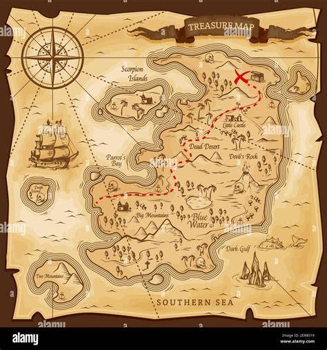 Carte au trésor pirate - illustration de base avec île et navire