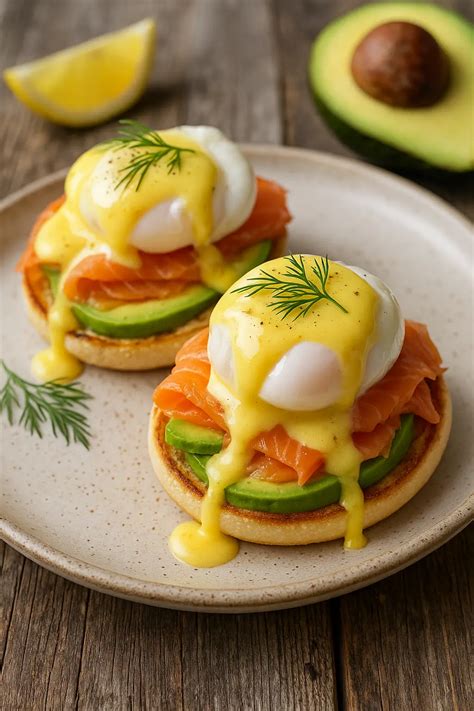 Œufs pochés servis avec avocat et sauce hollandaise