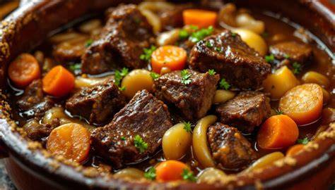 Illustration d’une cocotte mijotant une carbonade flamande avec pain d’épices et bière brune