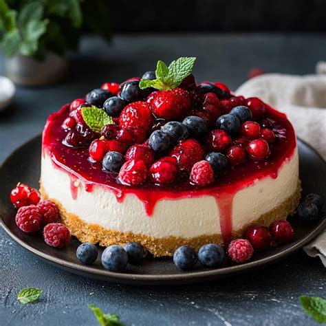 Cheesecake décoré avec des fruits rouges et de la confiture