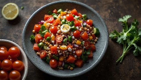 Schéma du dressage idéal pour la salade de lentilles corail avec œufs mollets et garnitures