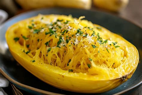 Moitiés de courge spaghetti coupées et badigeonnées d'huile d'olive sur une plaque de cuisson