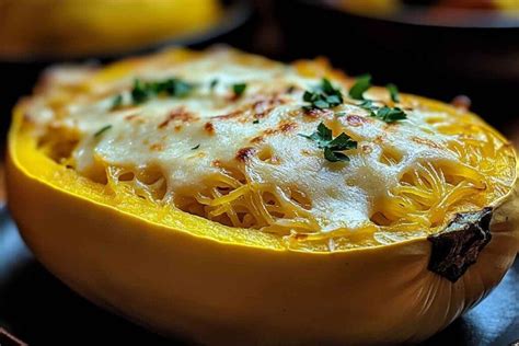 Bol de courge spaghetti gratinée garni de mozzarella fondue et de persil frais