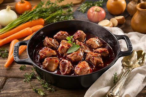 Joues de porc crues dans une cocotte avec des ingrédients