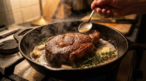 Une poêle avec une basse côte de bœuf en train de griller