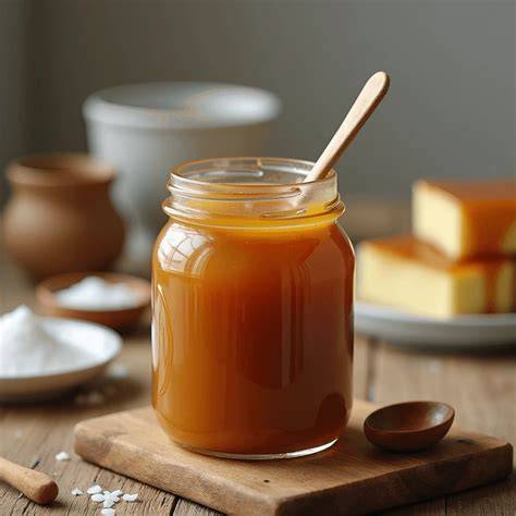Pot de caramel beurre salé au café et cuillère nappant un entremet