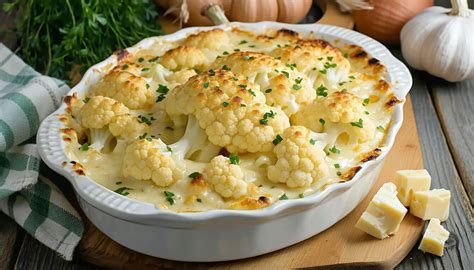 Infographie: étapes clés pour réussir le gratin de chou-fleur (préparation, cuisson du chou-fleur dans le lait, préparation de la béchamel, assemblage et cuisson du gratin)