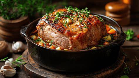 Schéma de cuisson en cocotte avec aromates et blanc de viande