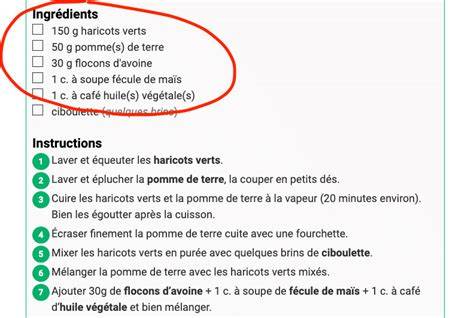 carte des ingrédients et étapes