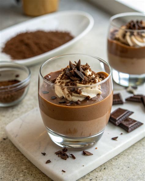 Illustration d'une mousse au chocolat vegan dans des ramequins individuels, décorée de copeaux de chocolat noir.