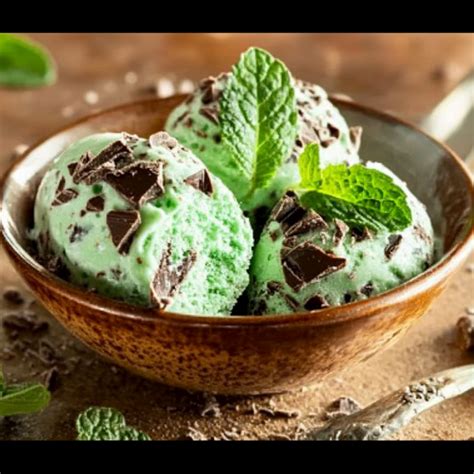 Morceaux de chocolat noir concassé sur une boule de glace menthe