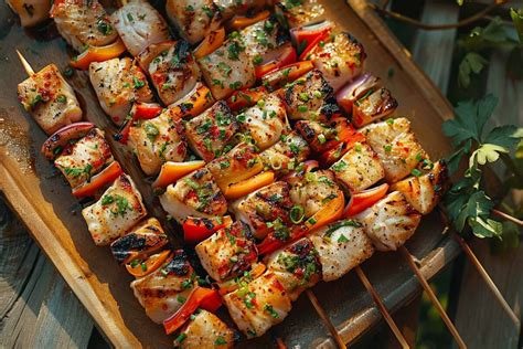 Brochettes colorées de poisson, ananas et légumes sur une plancha