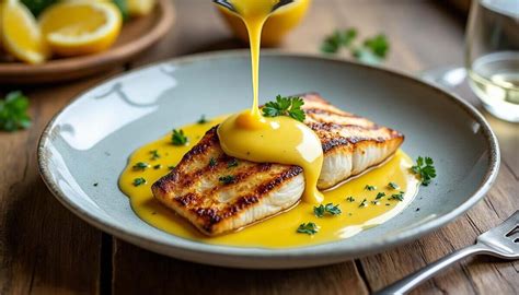 Une cuillère de sauce beurre blanc nappant un pavé de poisson