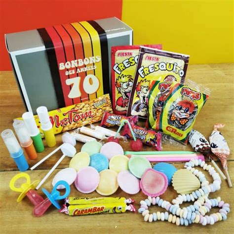 Illustration d’un coffret bonbons des années 70 avec des sachets et une bonbonnière