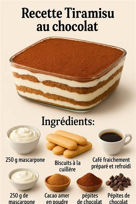 Ingrédients clés du Tiramisu : Mascarpone, biscuits, café, œufs, cacao