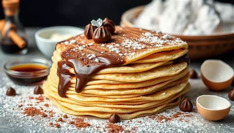 Gâteau de crêpes à plusieurs étages décoré de fruits et de sauce chocolat