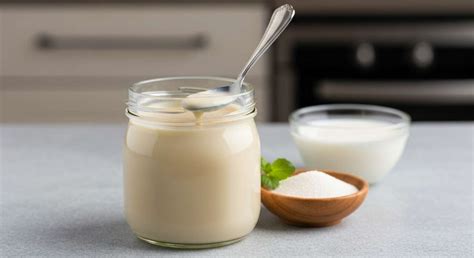 Ingrédients disposés sur un plan de travail : lait, yaourt, lait concentré, pêches, sucre