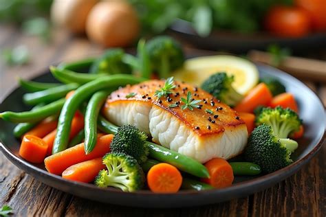 Assiette colorée de légumes et de poisson