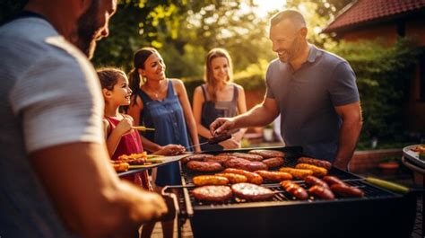 Famille souriante partageant un repas autour d'un barbecue électrique