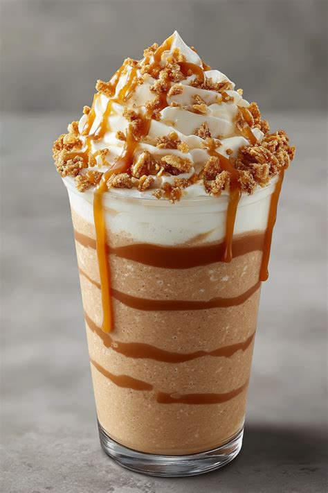 Une tasse de Caramel Ribbon Crunch Frappuccino de Starbucks, avec ses couches de crème fouettée, de sauce caramel et de morceaux croquants