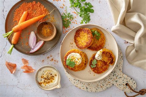 Ingrédients pour galettes de lentilles corail et carottes