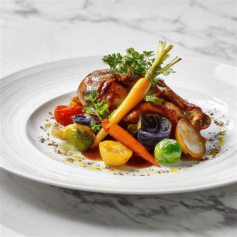 Assiette de pintade rôtie avec des légumes racines