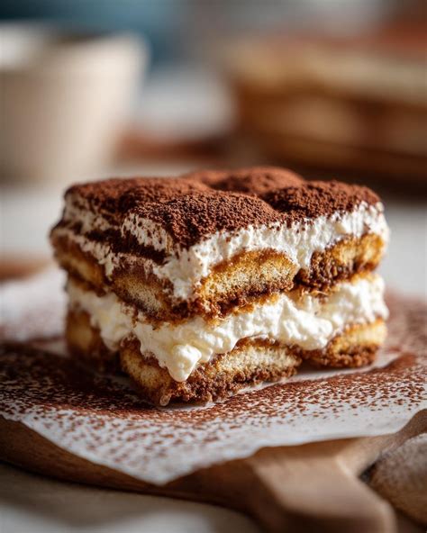 Part de tiramisu saupoudrée de cacao