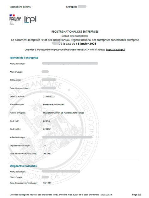 Un extrait du Registre National des Entreprises (RNE)