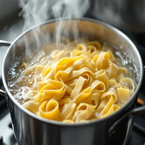 Une casserole d'eau bouillante avec des pâtes qui cuisent.