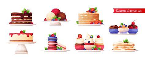 ensemble de desserts cupcakes macarons et entremets