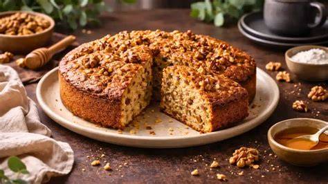 Image d’un gâteau aux noix doré et rustique, posé sur une table en bois avec des copeaux de noix et une pincée de fleur de sel