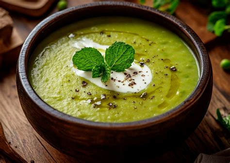 Bol de velouté de petits pois à la menthe garni de noisettes grillées et de feta