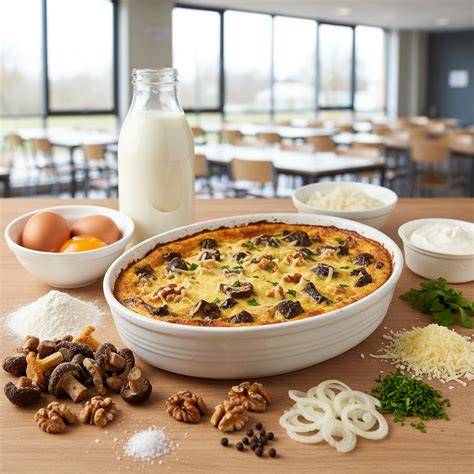 Illustration: Schéma de montage du clafoutis salé, couche champignons au fond et appareil à base de lait et maïzena sur le dessus